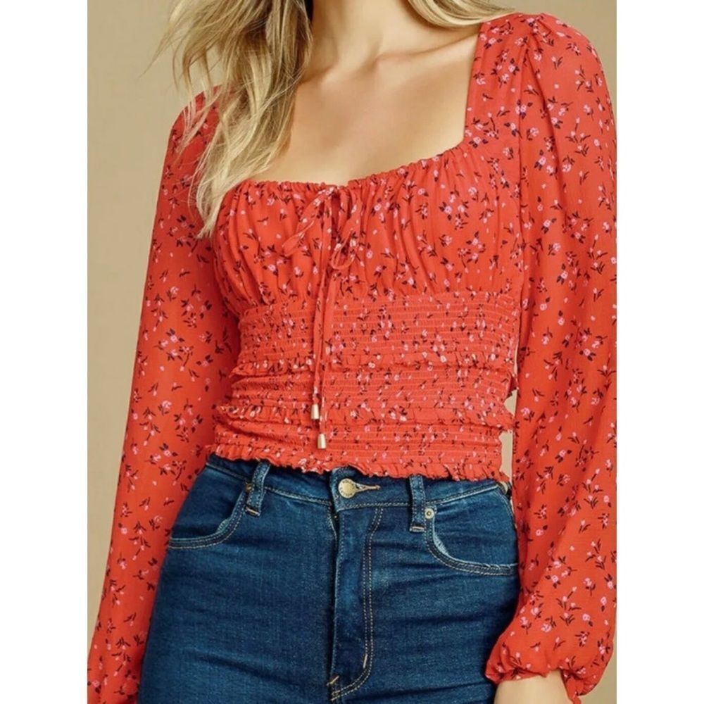 Free People Lolita Top Red Women's Keyhole Floral Pouf Square Neck Blouse Sz M